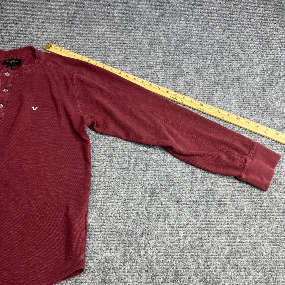 True Religion Mens XL Burgundy Waffle Knit Thermal Long Sleeve Henley Shirt